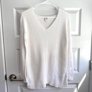 L.L.Bean Ivory Ribbed V-Neck Sweater – Classic Cotton Knit Pullover – Size S